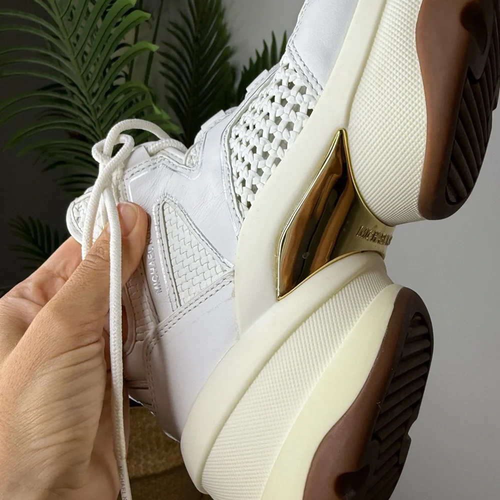Michael Kors White Sneakers with Gold Accent and Brown Sole